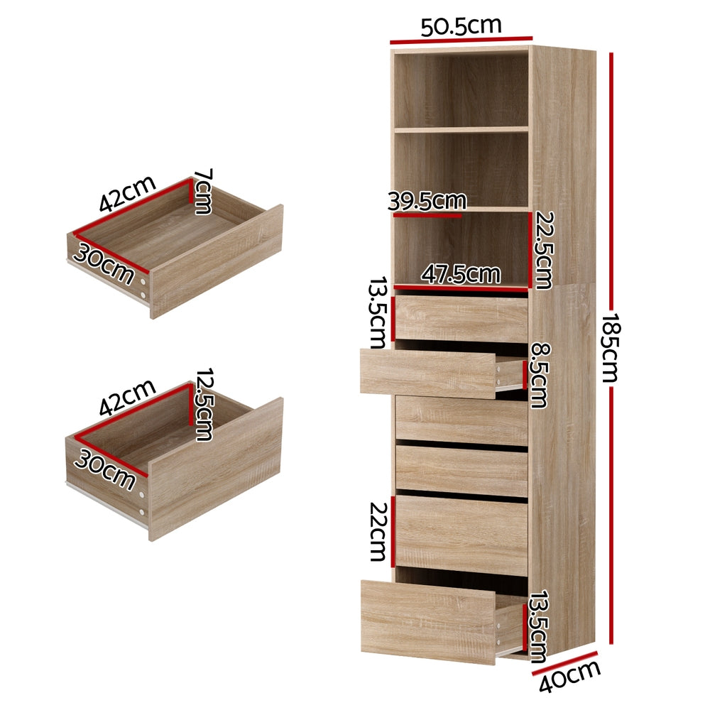 Artiss Tall Storage Cabinet with 6 Drawers and 3 Shelves – Pine
