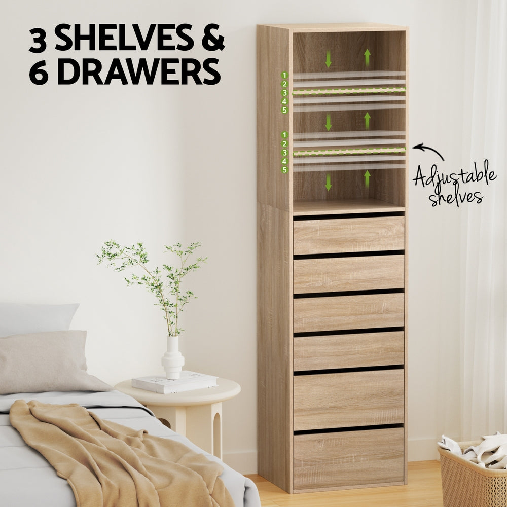 Artiss Tall Storage Cabinet with 6 Drawers and 3 Shelves – Pine