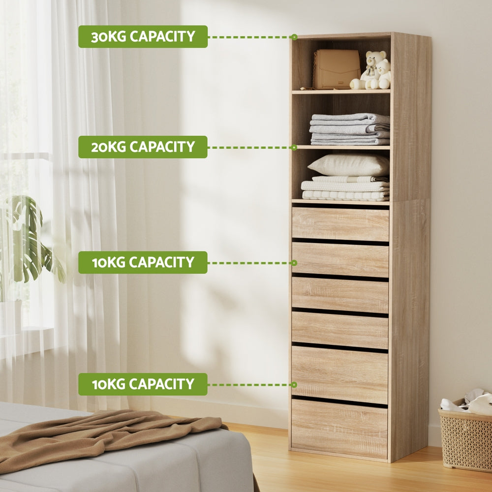 Artiss Tall Storage Cabinet with 6 Drawers and 3 Shelves – Pine