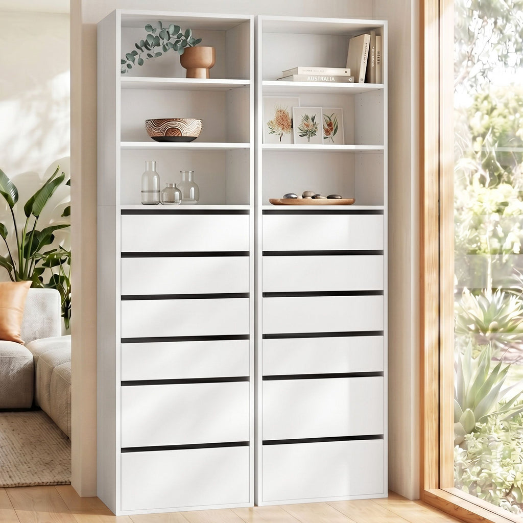 Artiss Tall Storage Cabinets with 6 Drawers and Shelves – White, Set of 2