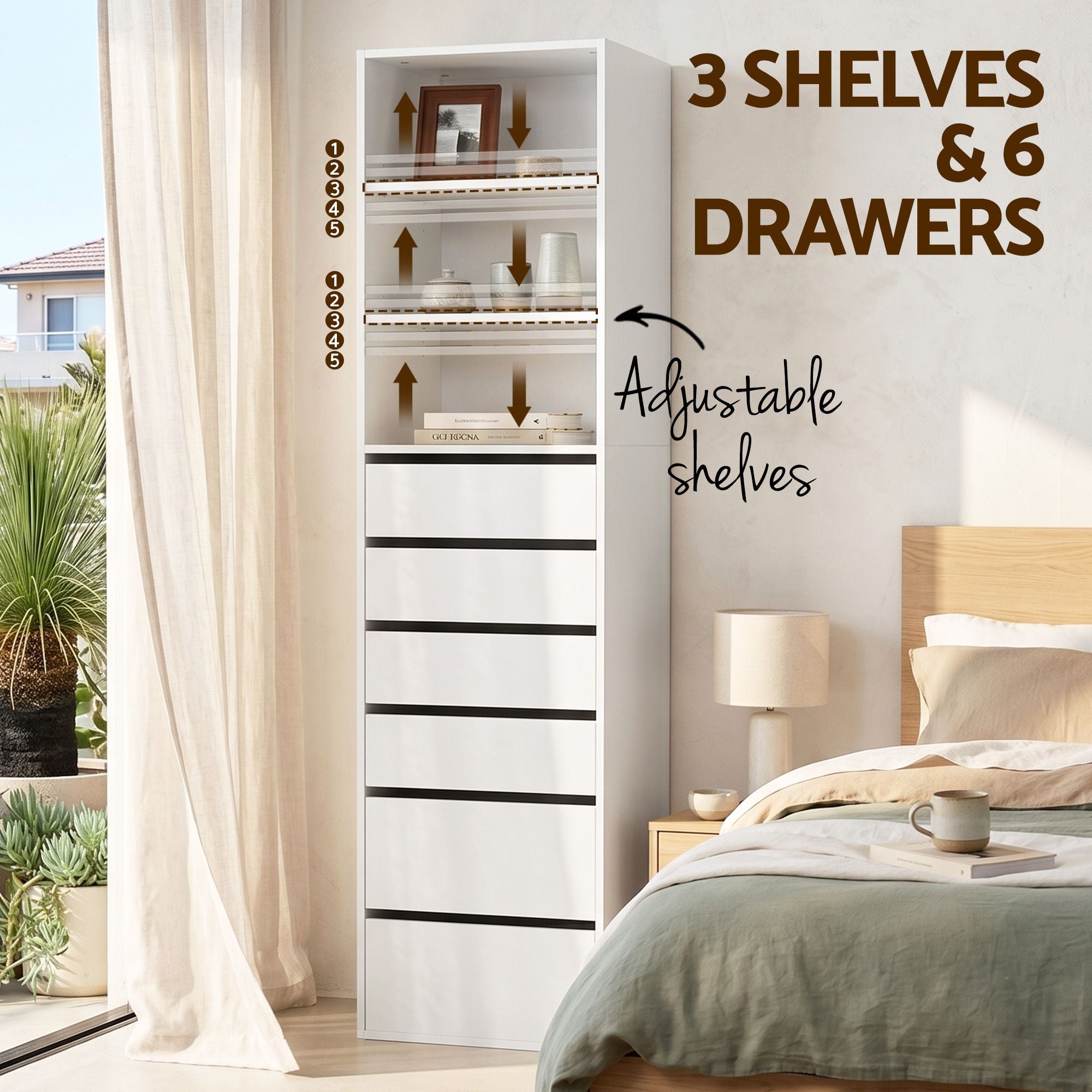 Artiss Tall Storage Cabinets with 6 Drawers and Shelves – White, Set of 2