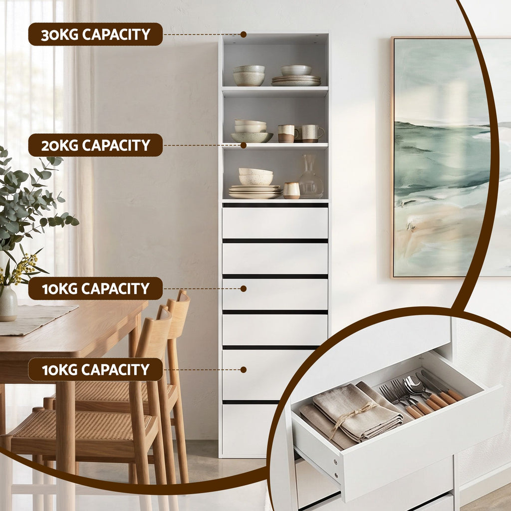 Artiss Tall Storage Cabinets with 6 Drawers and Shelves – White, Set of 2