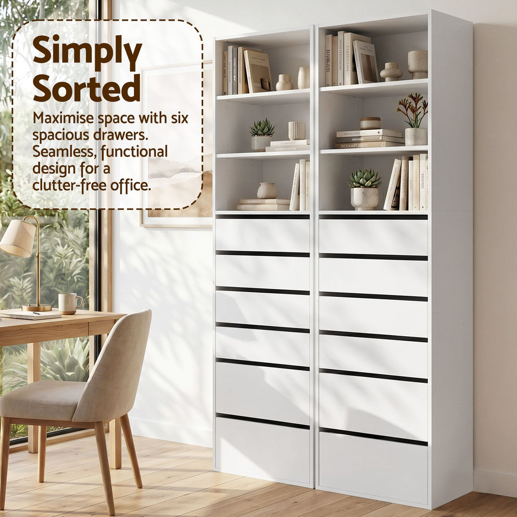 Artiss Tall Storage Cabinets with 6 Drawers and Shelves – White, Set of 2