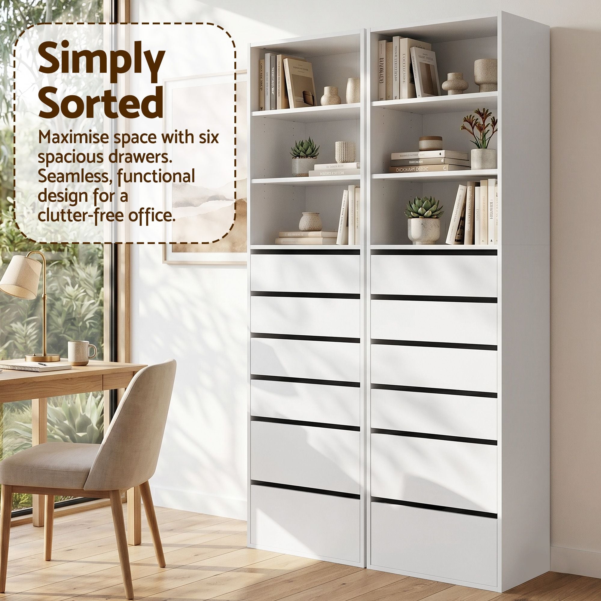 Artiss Tall Storage Cabinets with 6 Drawers and Shelves – White, Set of 2