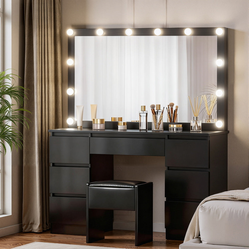Artiss LED Dressing Table & Stool with 12 Bulbs and 7 Drawers – Black