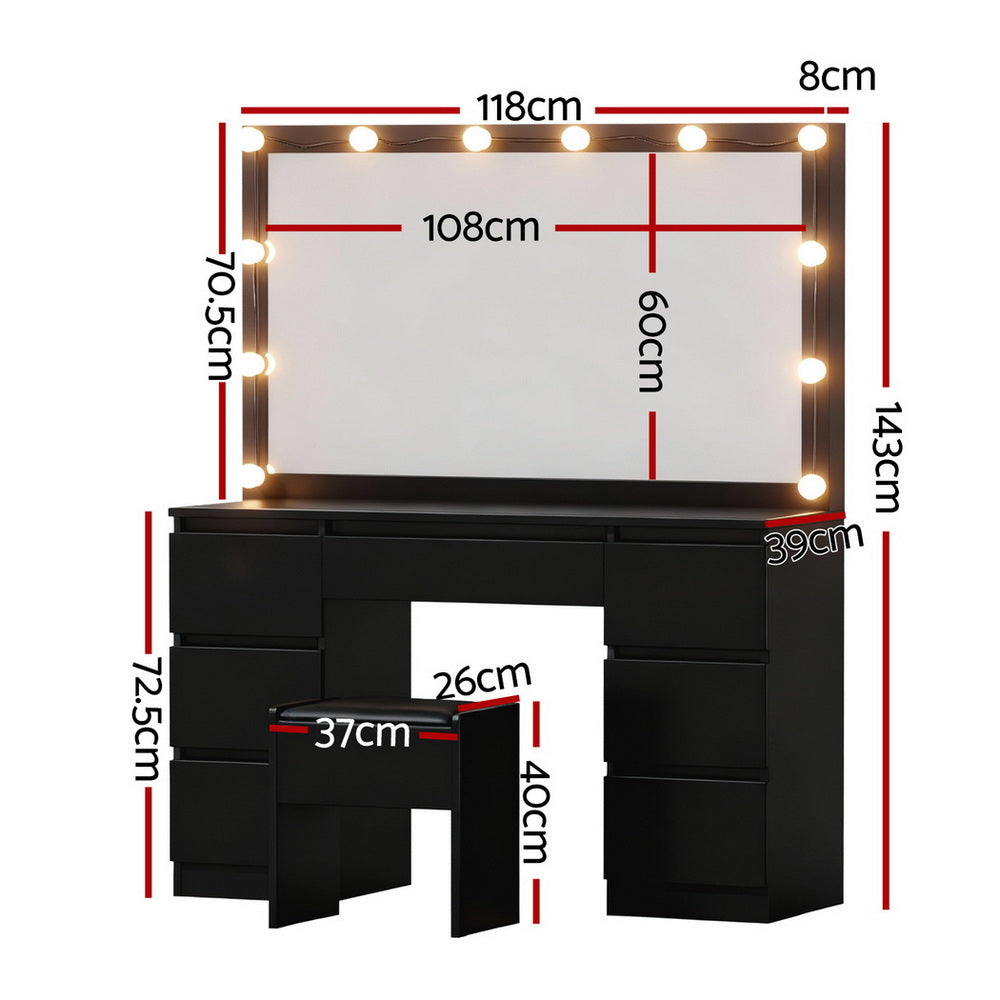 Artiss LED Dressing Table & Stool with 12 Bulbs and 7 Drawers – Black