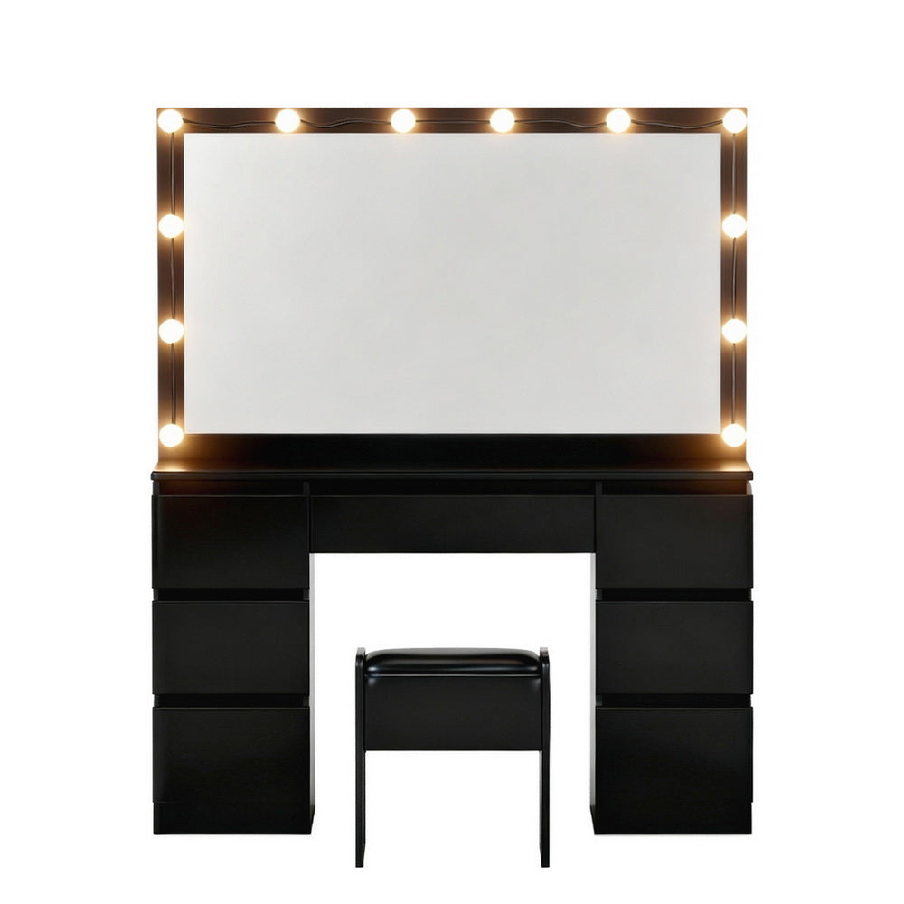 Artiss LED Dressing Table & Stool with 12 Bulbs and 7 Drawers – Black