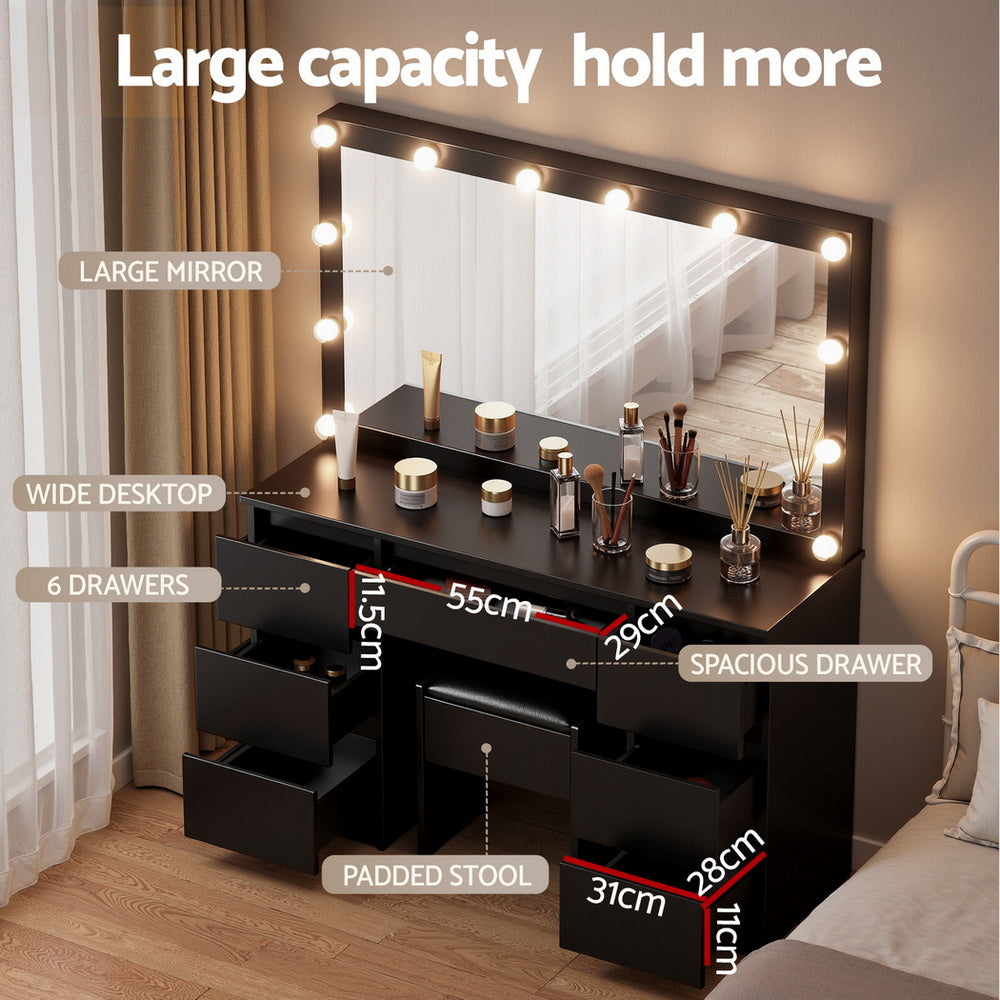 Artiss LED Dressing Table & Stool with 12 Bulbs and 7 Drawers – Black
