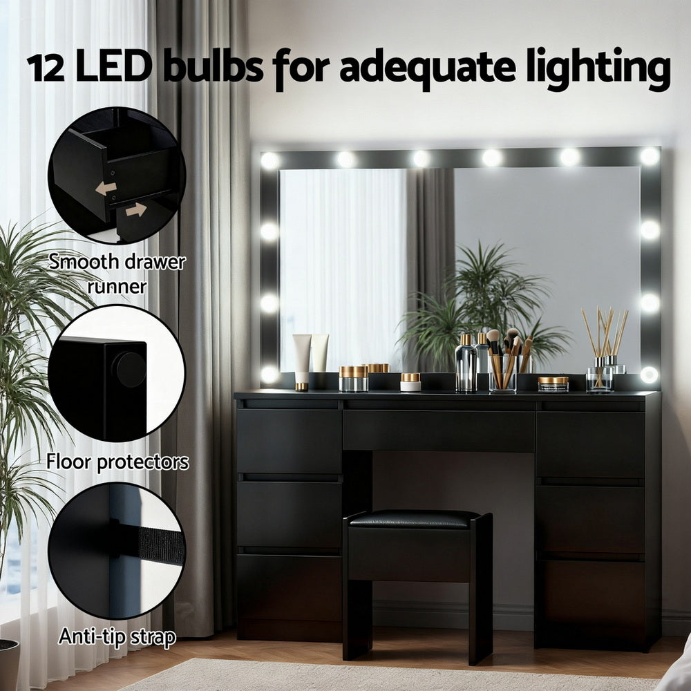 Artiss LED Dressing Table & Stool with 12 Bulbs and 7 Drawers – Black