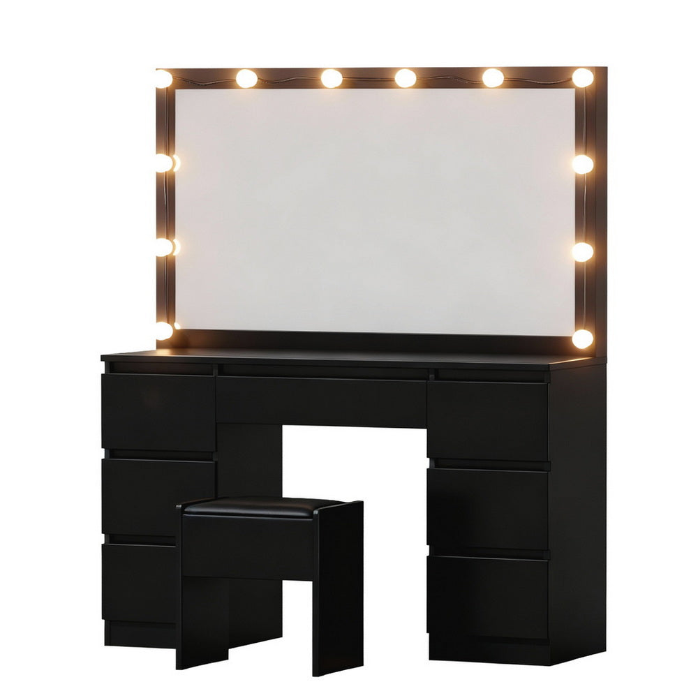 Artiss LED Dressing Table & Stool with 12 Bulbs and 7 Drawers – Black