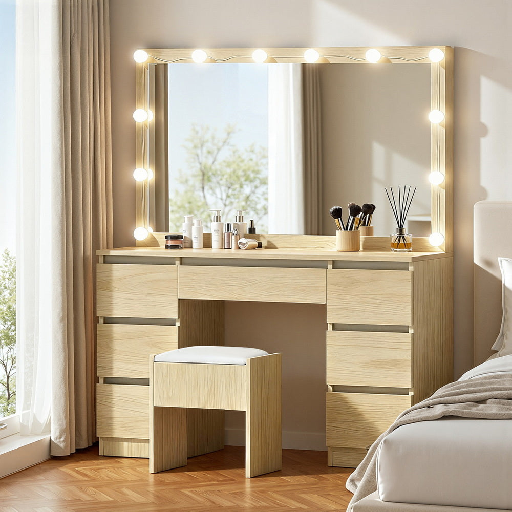 Artiss LED Dressing Table & Stool with 12 Bulbs and 7 Drawers – Wood Look