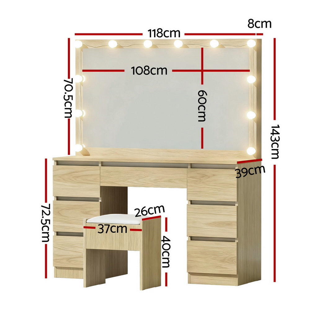 Artiss LED Dressing Table & Stool with 12 Bulbs and 7 Drawers – Wood Look