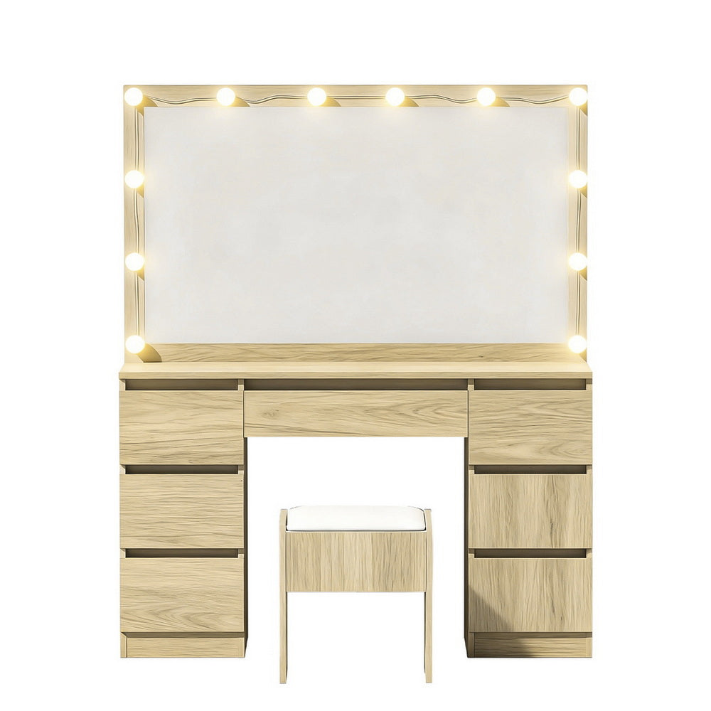 Artiss LED Dressing Table & Stool with 12 Bulbs and 7 Drawers – Wood Look