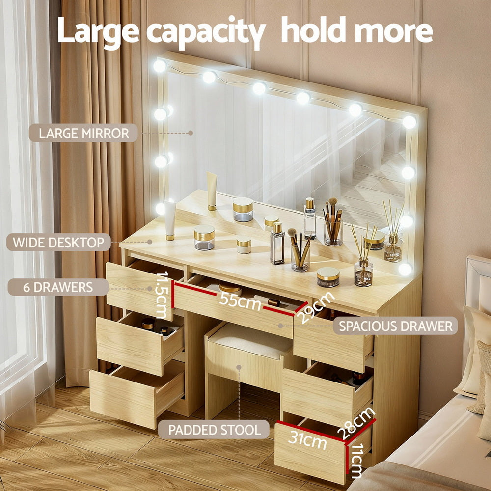 Artiss LED Dressing Table & Stool with 12 Bulbs and 7 Drawers – Wood Look