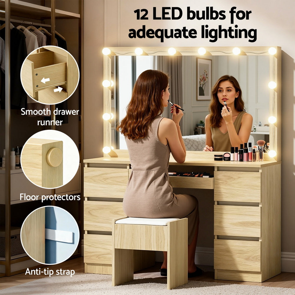 Artiss LED Dressing Table & Stool with 12 Bulbs and 7 Drawers – Wood Look