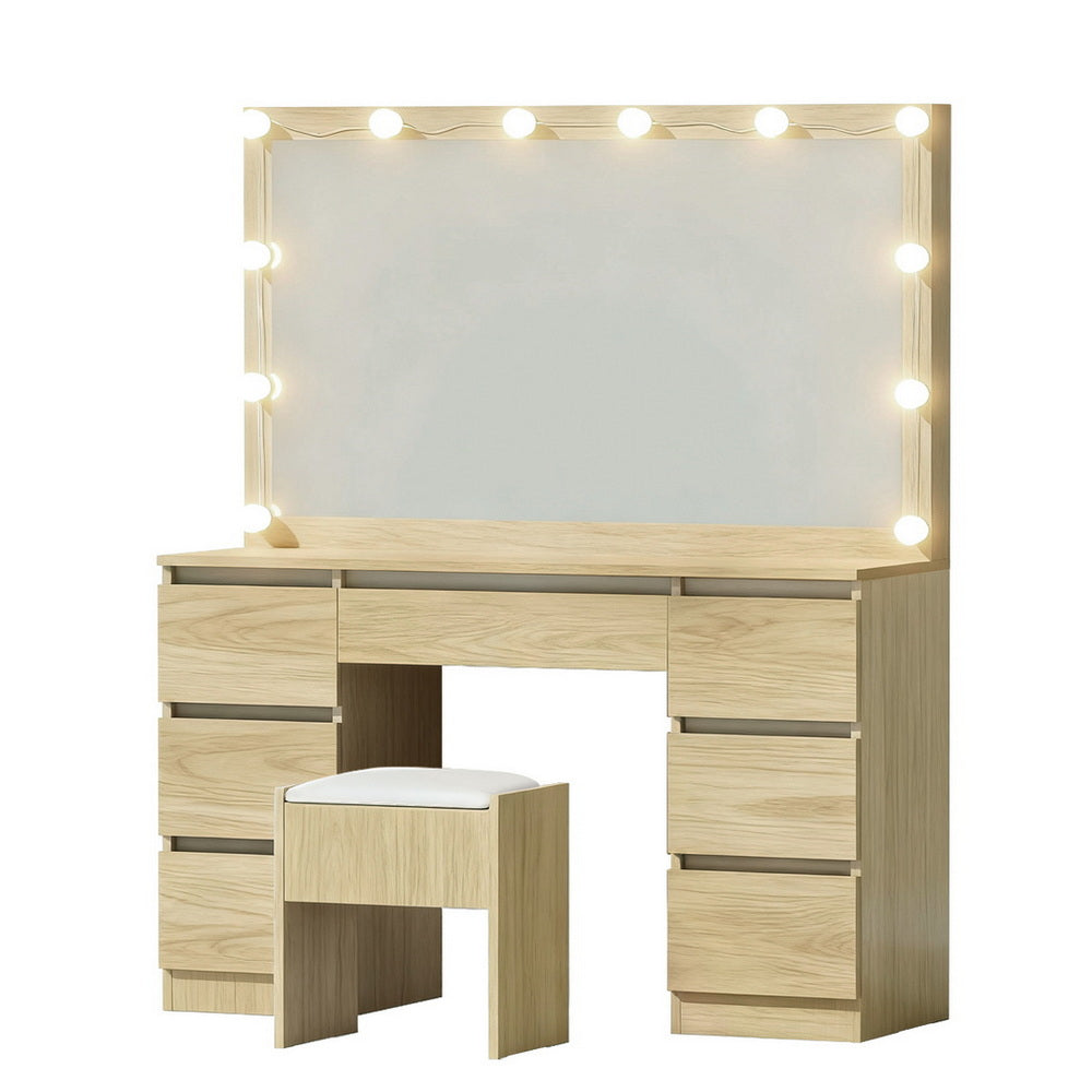 Artiss LED Dressing Table & Stool with 12 Bulbs and 7 Drawers – Wood Look