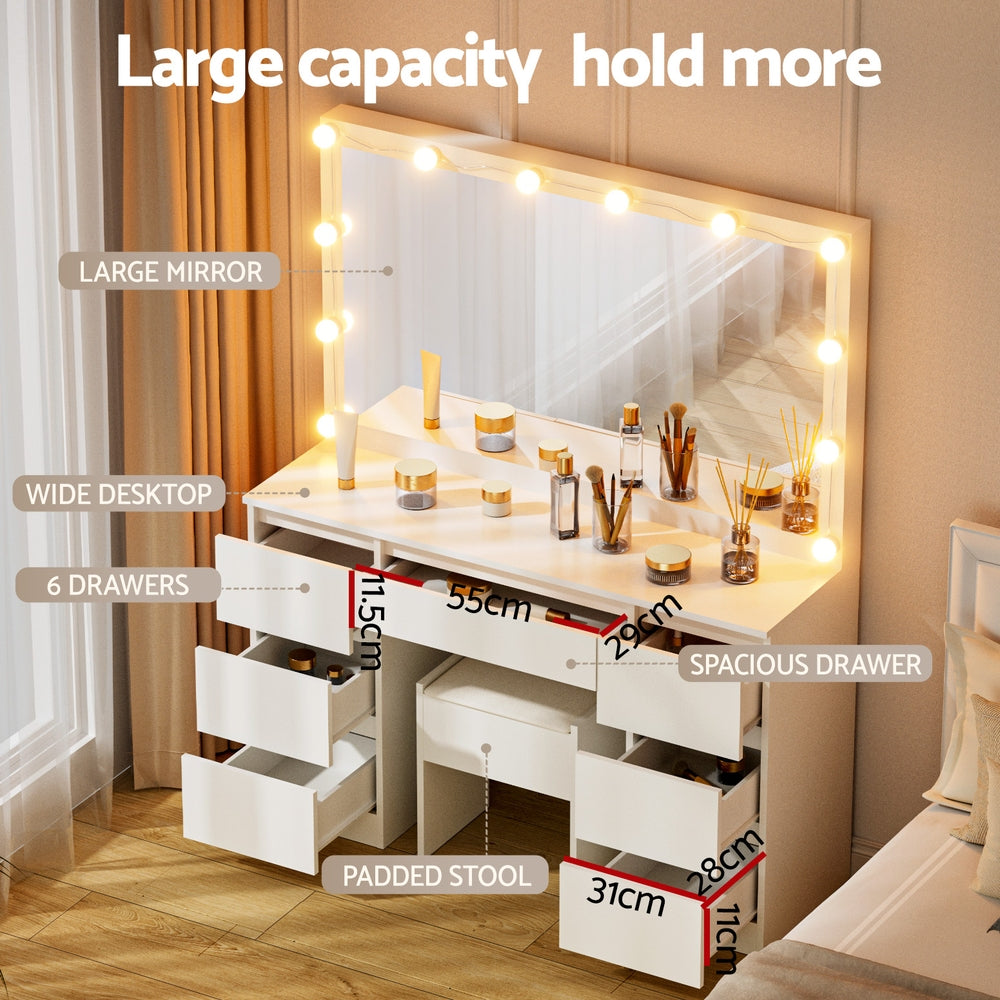 Artiss LED Dressing Table & Stool with 12 Bulbs and 7 Drawers – White