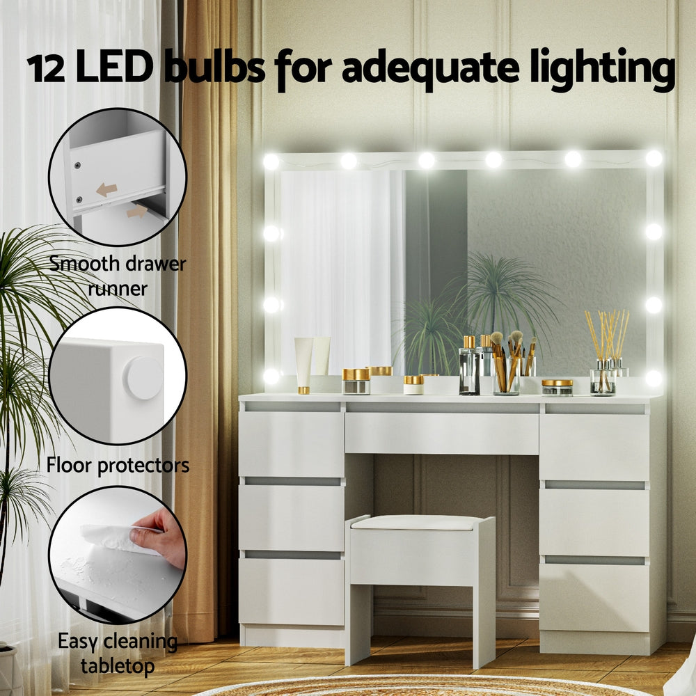 Artiss LED Dressing Table & Stool with 12 Bulbs and 7 Drawers – White