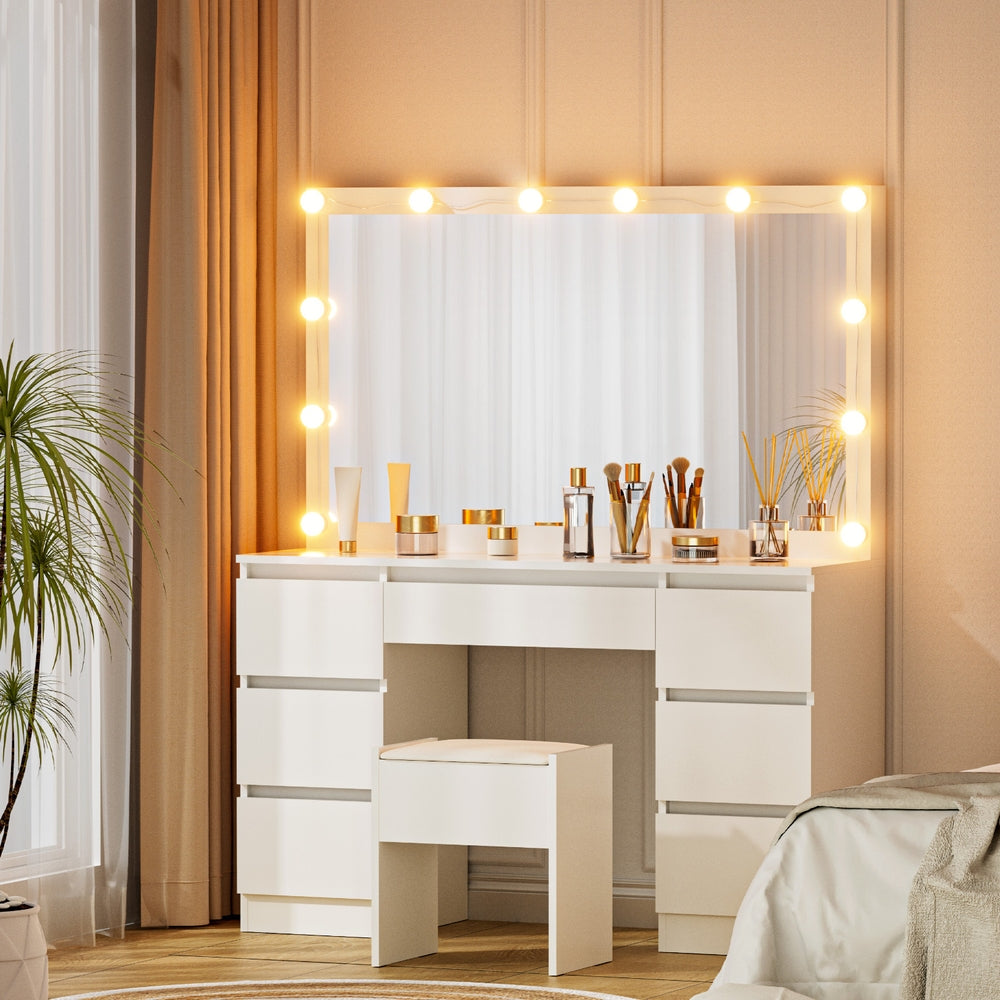 Artiss LED Dressing Table & Stool with 12 Bulbs and 7 Drawers – White