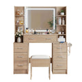 Artiss LED Dressing Table & Storage Stool with Charging Station – Wood Look