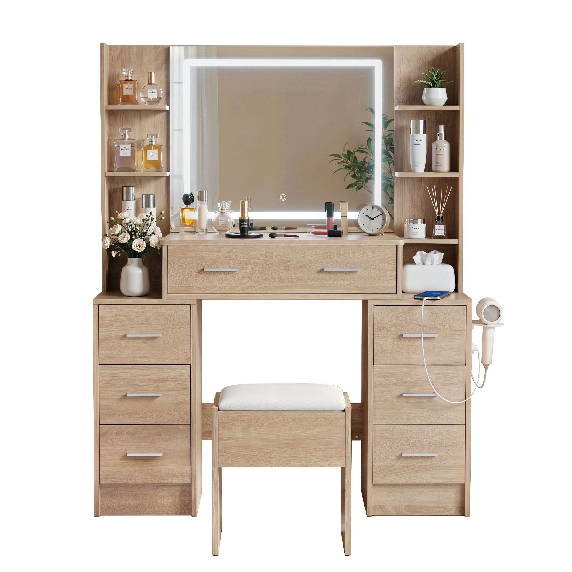 Artiss LED Dressing Table & Storage Stool with Charging Station – Wood Look