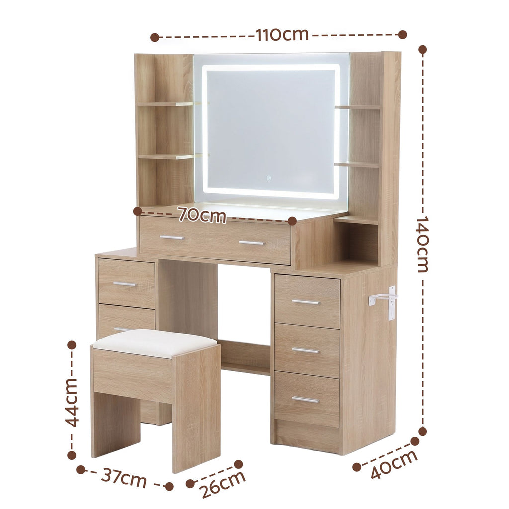 Artiss LED Dressing Table & Storage Stool with Charging Station – Wood Look