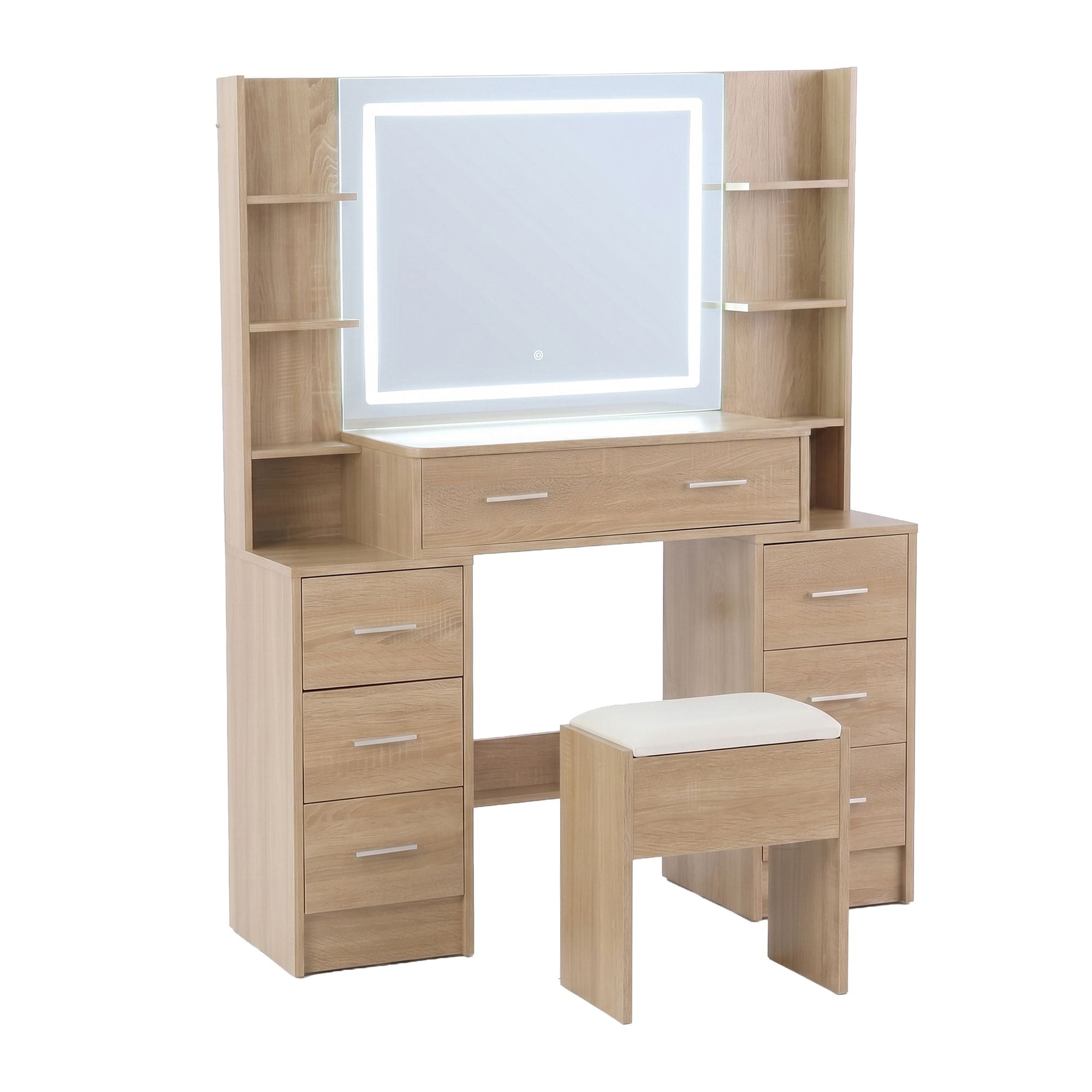 Artiss LED Dressing Table & Storage Stool with Charging Station – Wood Look