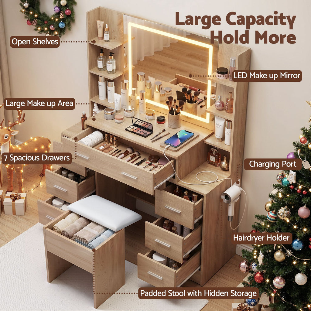 Artiss LED Dressing Table & Storage Stool with Charging Station – Wood Look