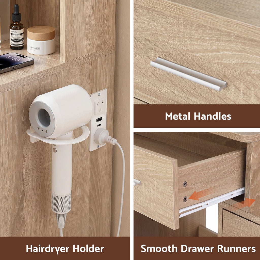 Artiss LED Dressing Table & Storage Stool with Charging Station – Wood Look