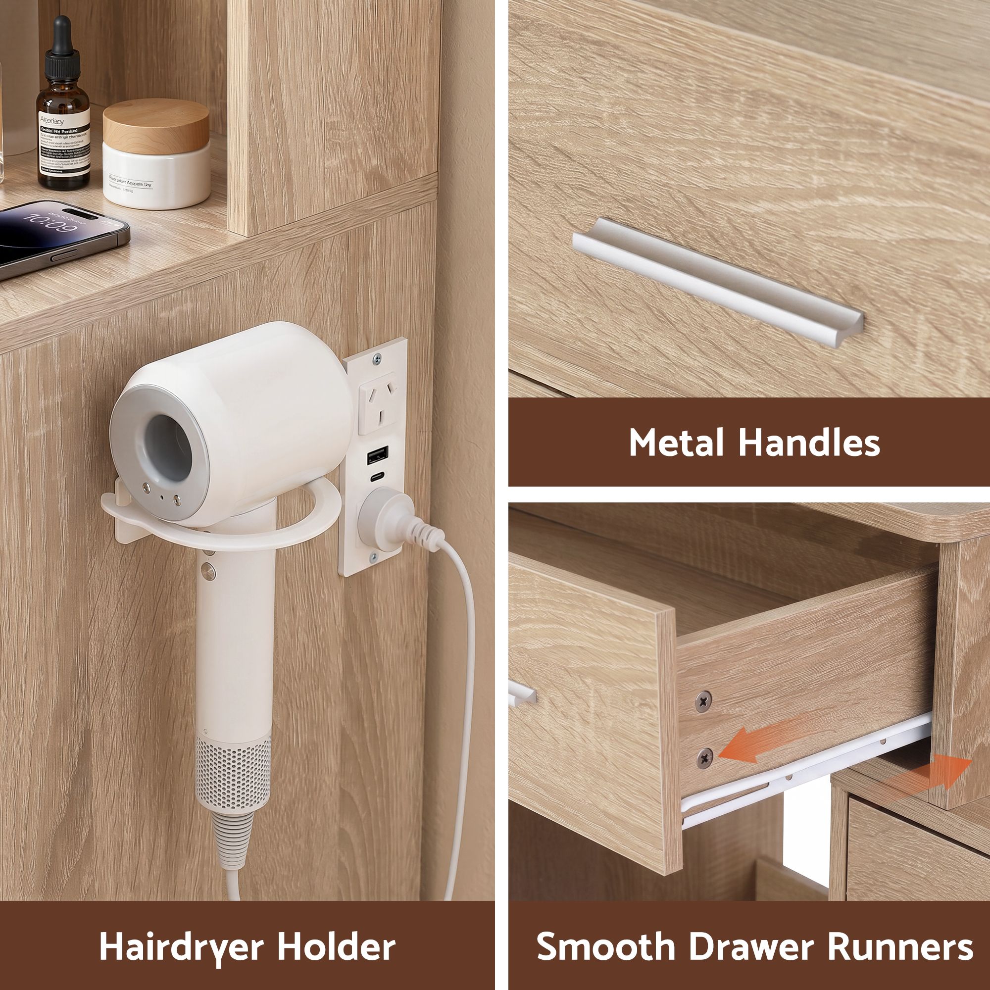 Artiss LED Dressing Table & Storage Stool with Charging Station – Wood Look