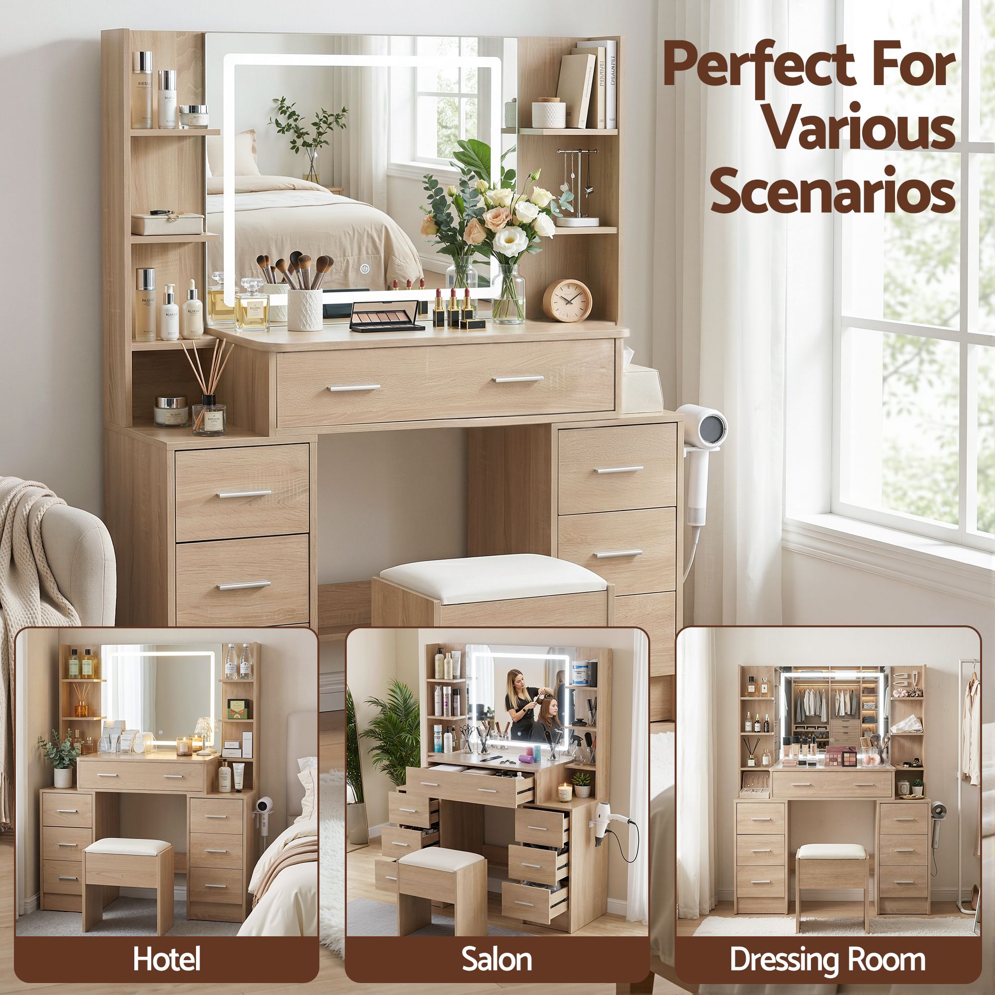 Artiss LED Dressing Table & Storage Stool with Charging Station – Wood Look
