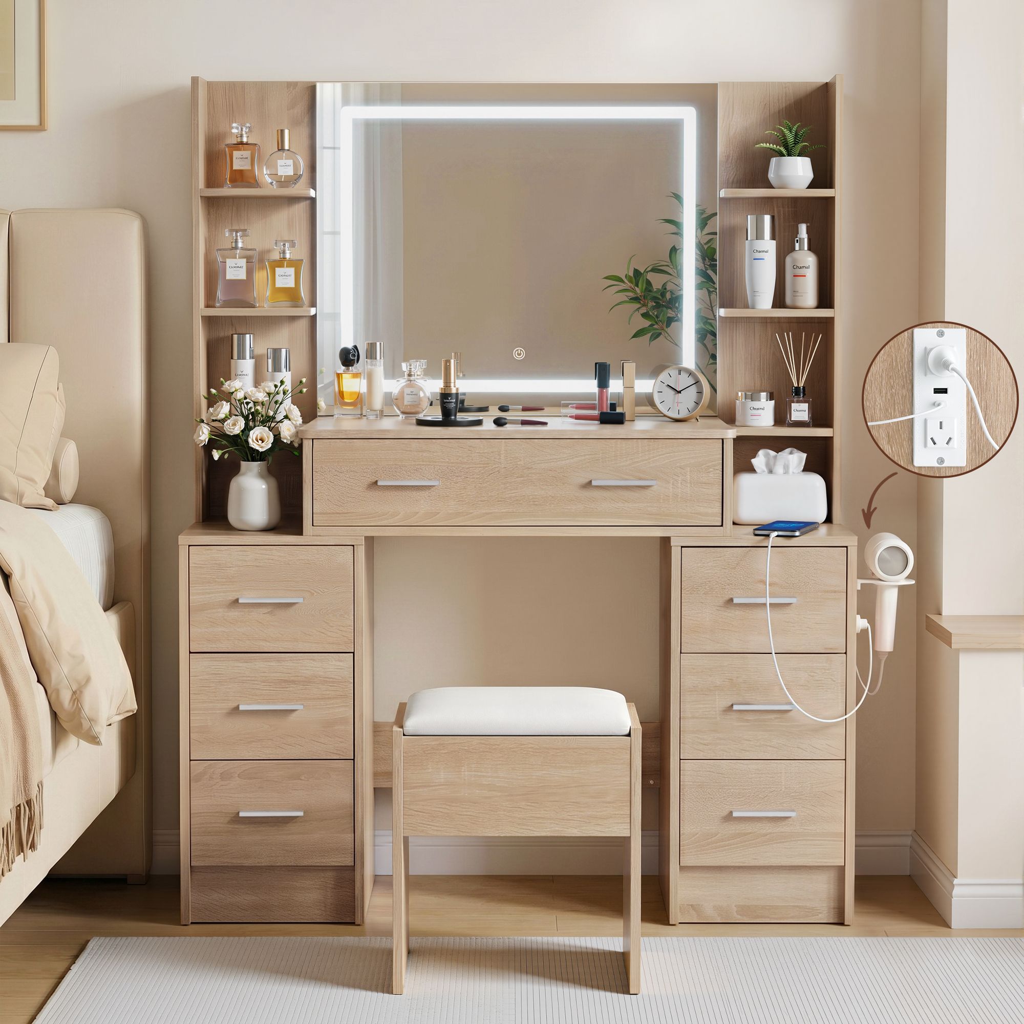 Artiss LED Dressing Table & Storage Stool with Charging Station – Wood Look