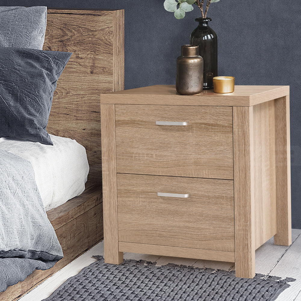 Artiss Maxi 2-Drawer Bedside Table – Beige Woodgrain