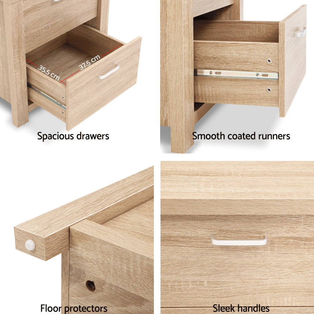 Artiss Maxi 2-Drawer Bedside Table – Beige Woodgrain
