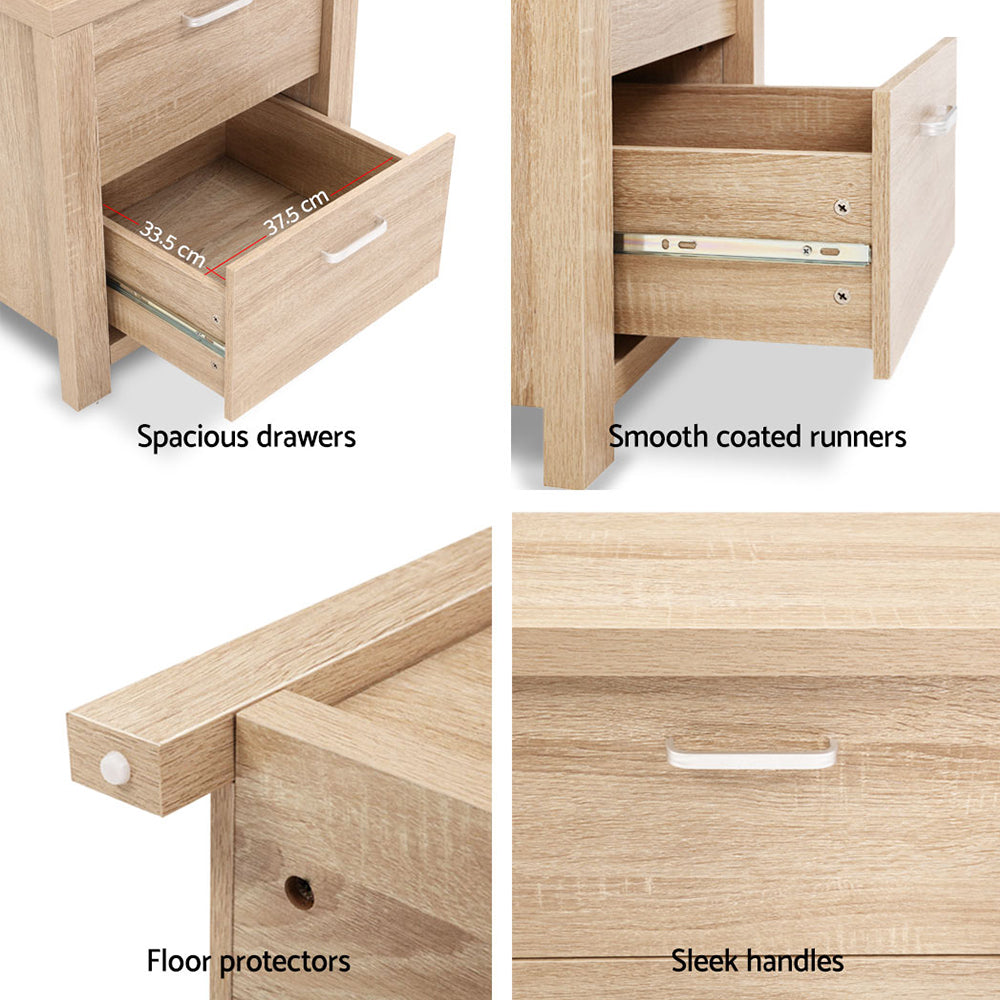 Artiss Maxi Bedside Tables with 2 Drawers – Beige Woodgrain, Set of 2