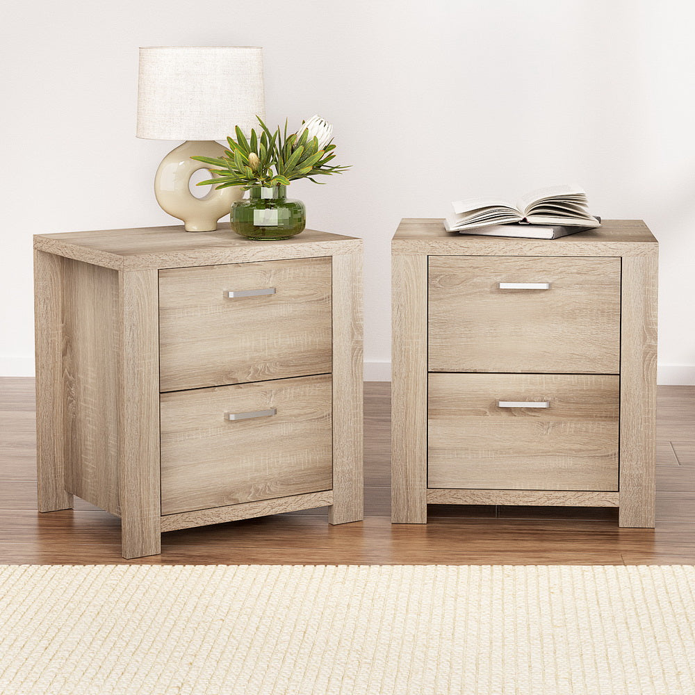Artiss Maxi Bedside Tables with 2 Drawers – Beige Woodgrain, Set of 2
