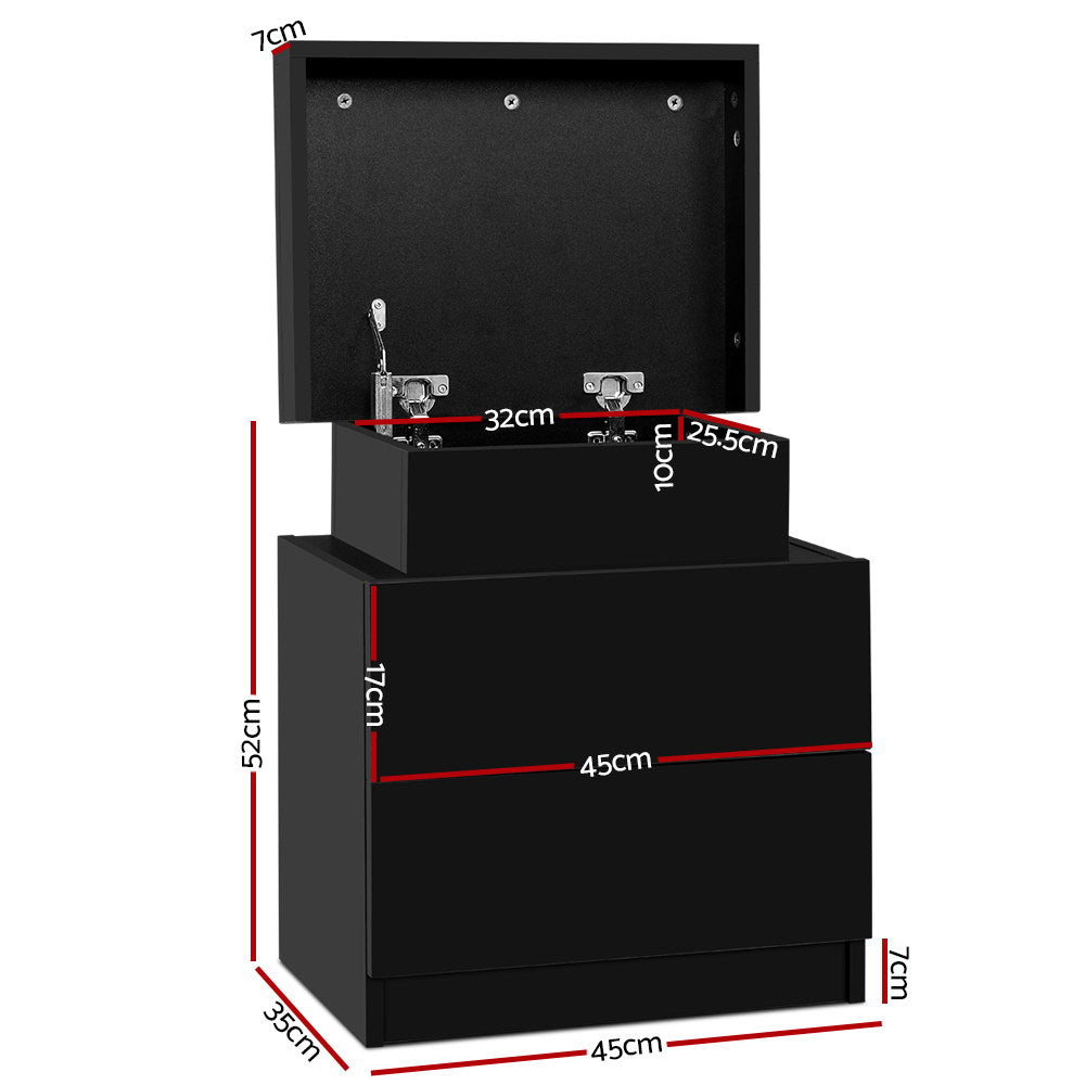 Artiss Coley Bedside Table with 2 Drawers and Lift-Up Storage – Black