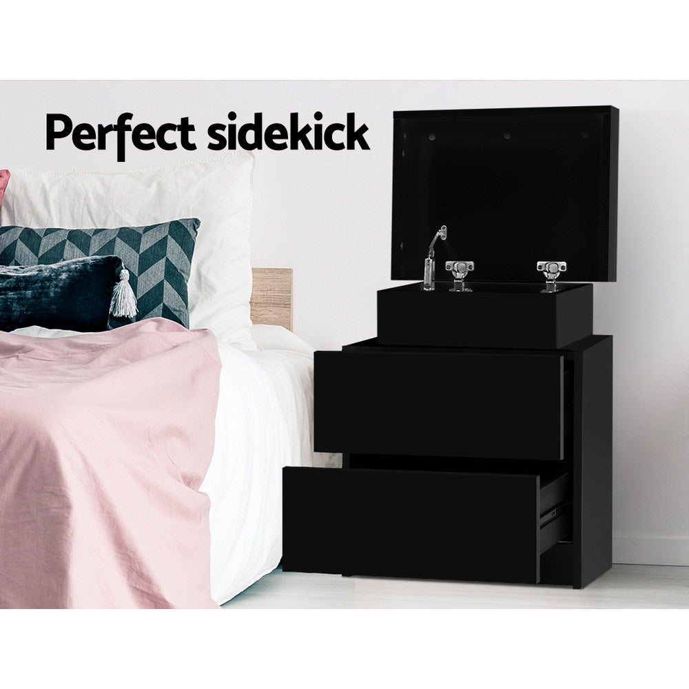 Artiss Coley Bedside Table with 2 Drawers and Lift-Up Storage – Black