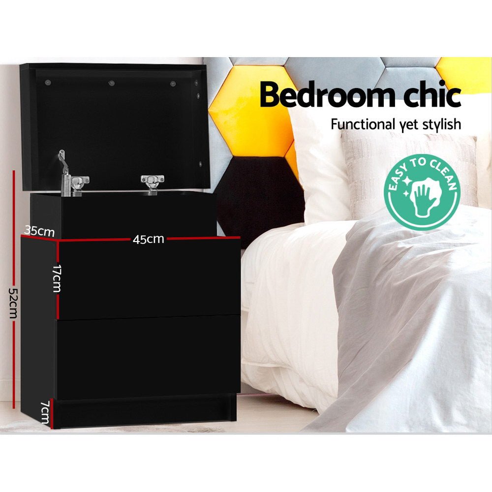 Artiss Coley Bedside Table with 2 Drawers and Lift-Up Storage – Black