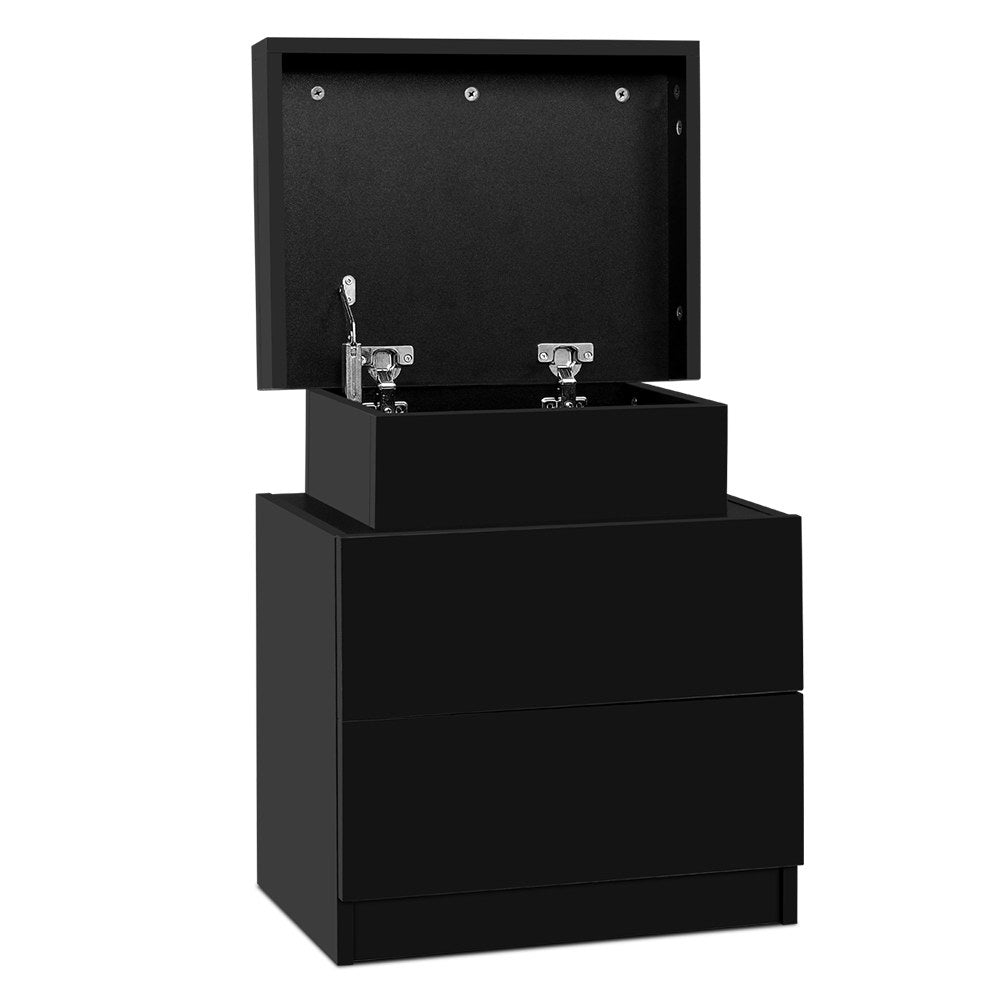 Artiss Coley Bedside Table with 2 Drawers and Lift-Up Storage – Black