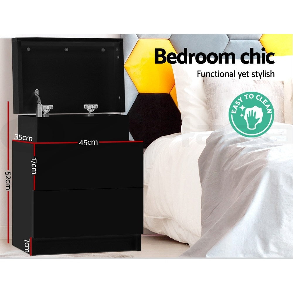 Artiss Bedside Tables with Lift-Up Storage – Black, Set of 2