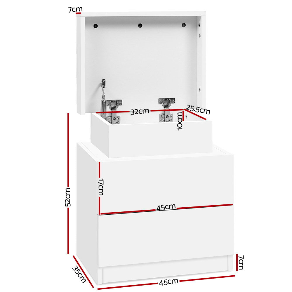 Artiss Coley Bedside Table with 2 Drawers and Lift-Up Storage – White