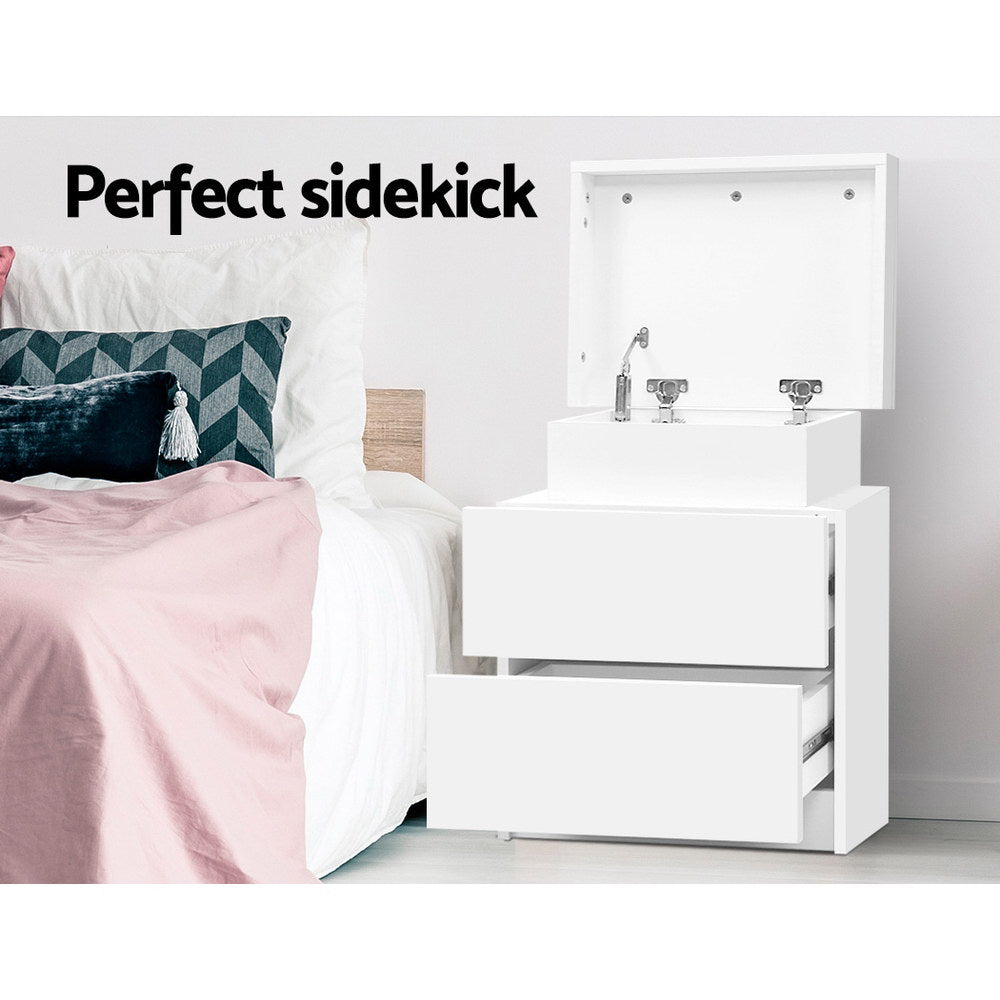Artiss Coley Bedside Table with 2 Drawers and Lift-Up Storage – White