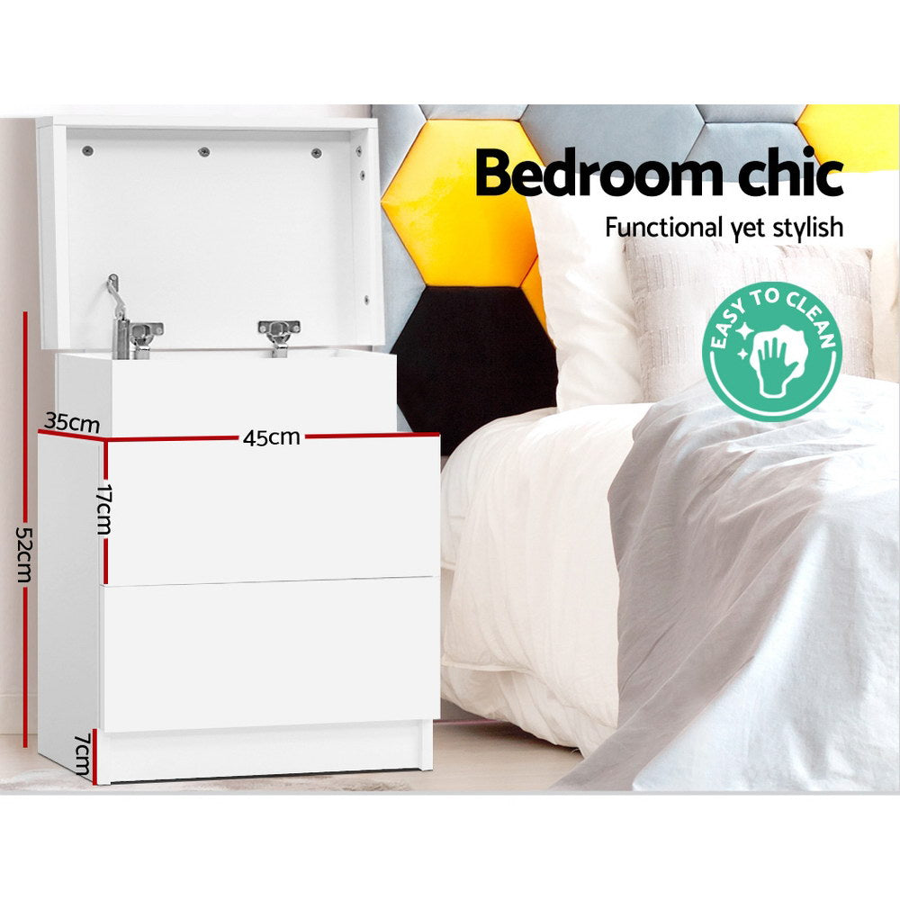 Artiss Coley Bedside Table with 2 Drawers and Lift-Up Storage – White