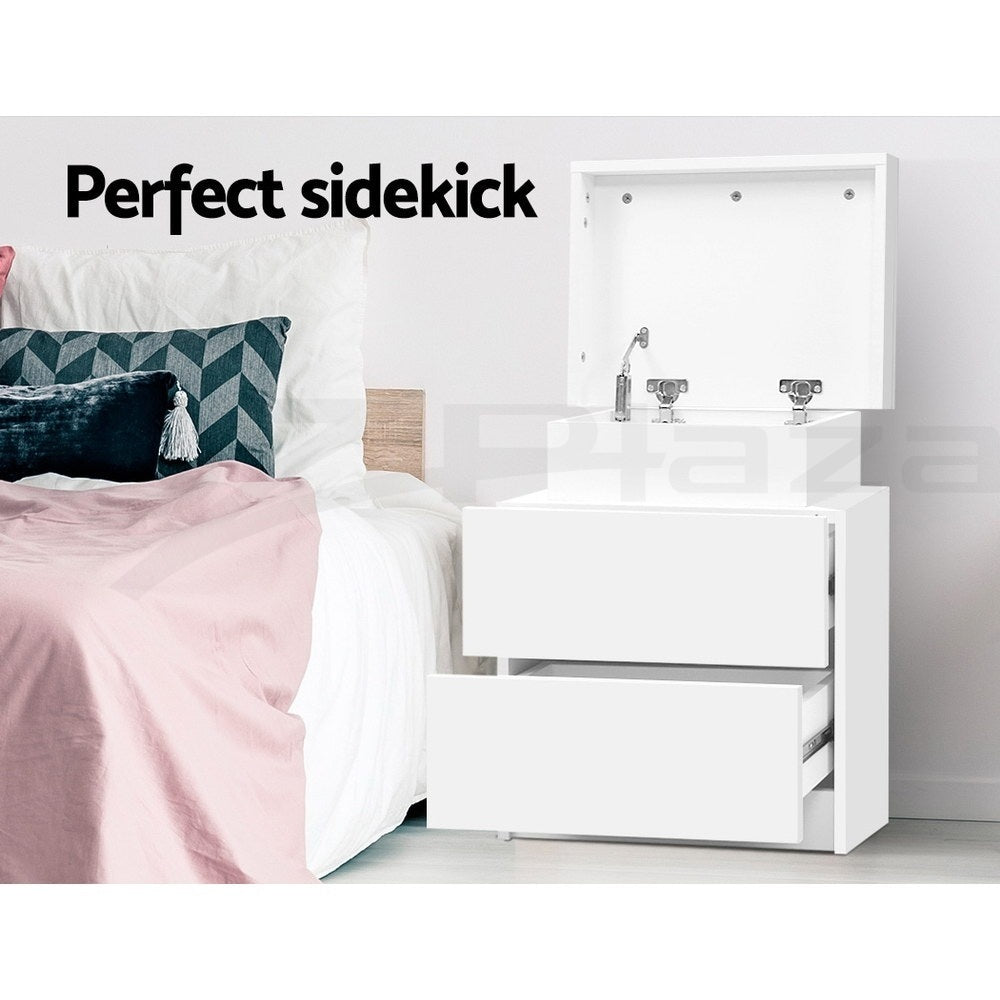 Artiss Bedside Tables with Lift-Up Storage – White, Set of 2