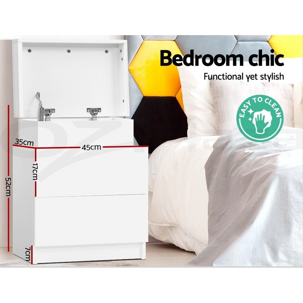 Artiss Bedside Tables with Lift-Up Storage – White, Set of 2