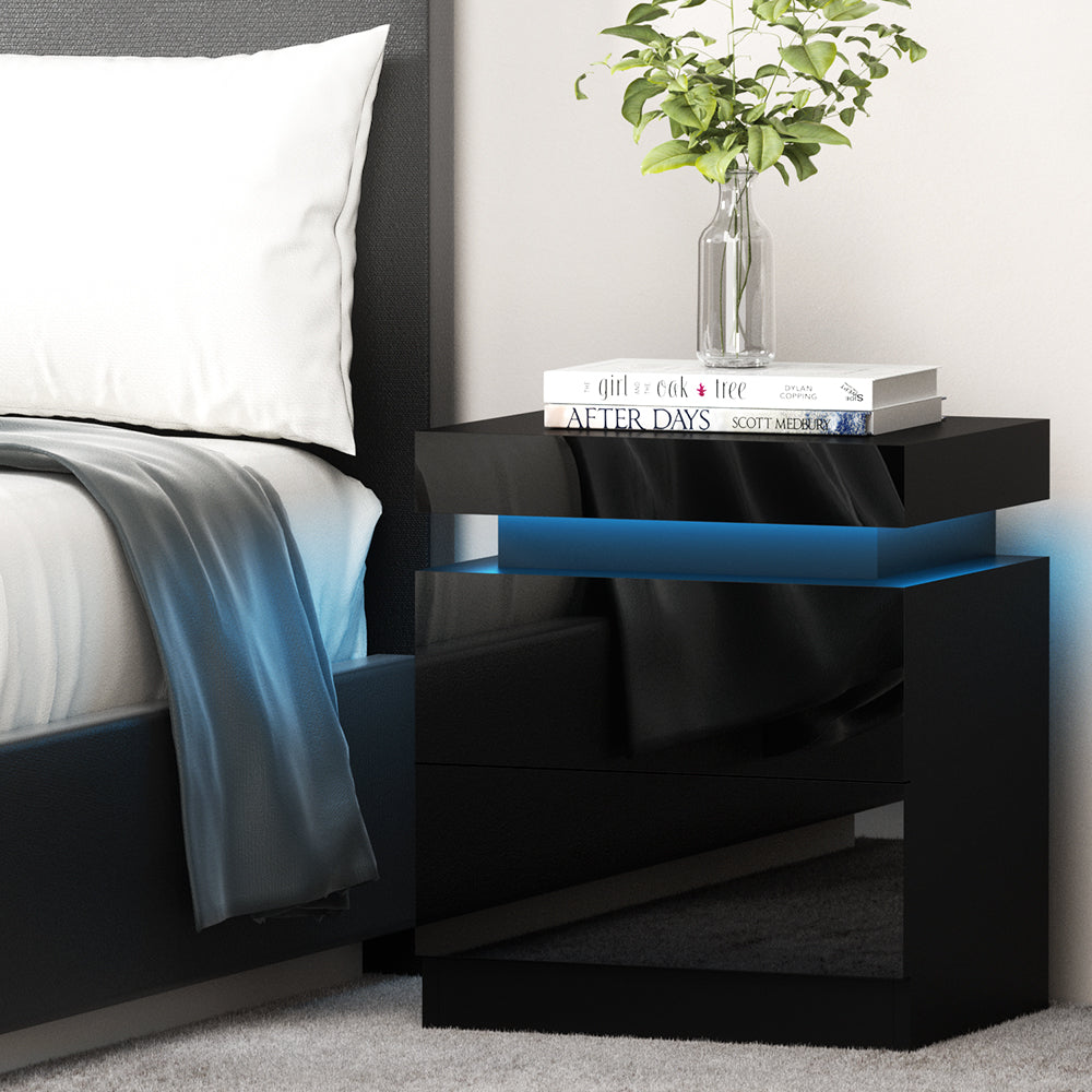Artiss Coley LED Bedside Table with 2 Drawers and Lift-Up Storage – Black