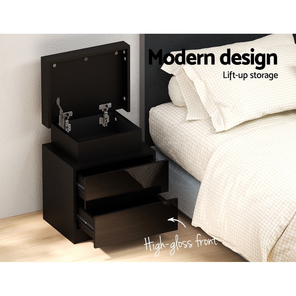 Artiss Coley LED Bedside Table with 2 Drawers and Lift-Up Storage – Black