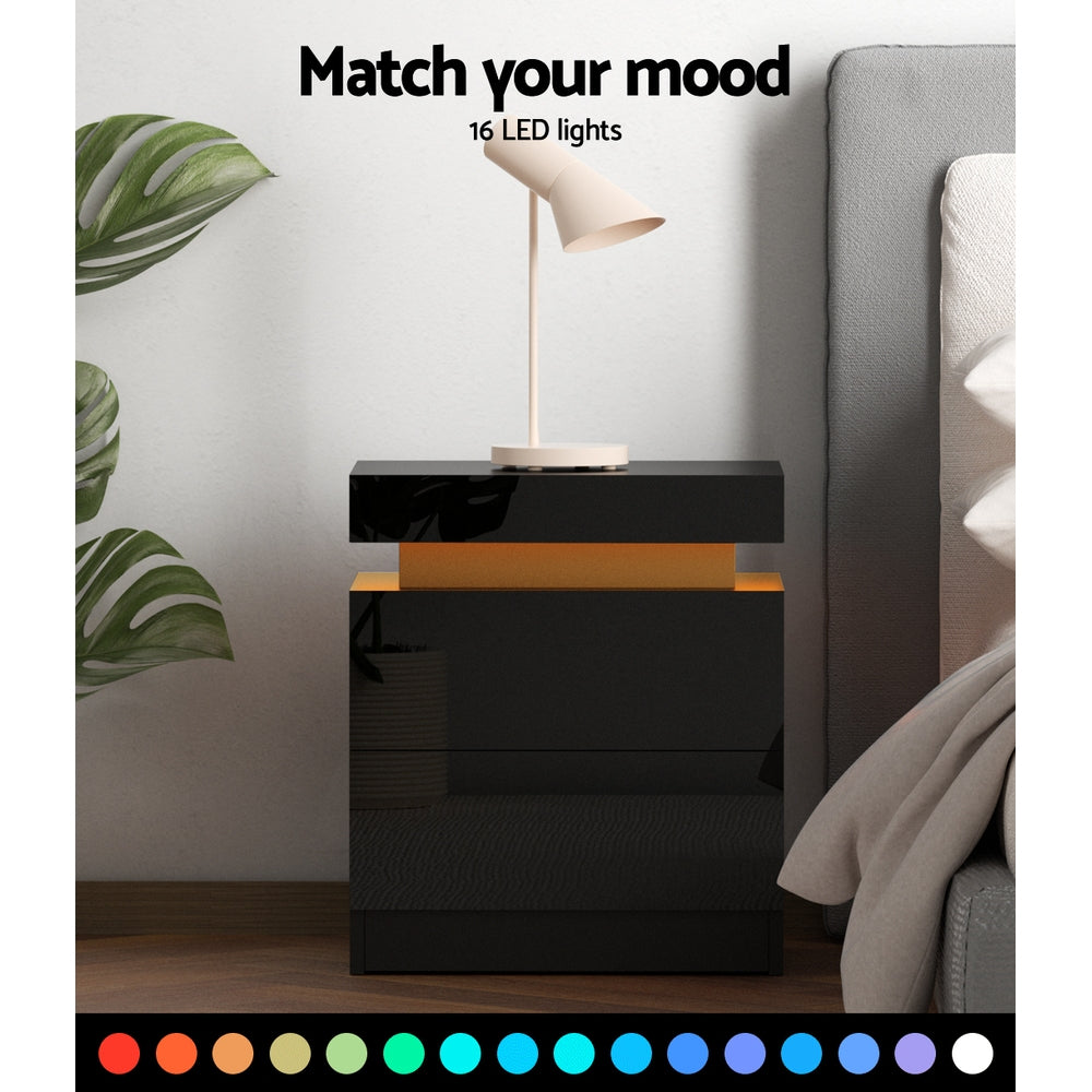 Artiss Coley LED Bedside Table with 2 Drawers and Lift-Up Storage – Black