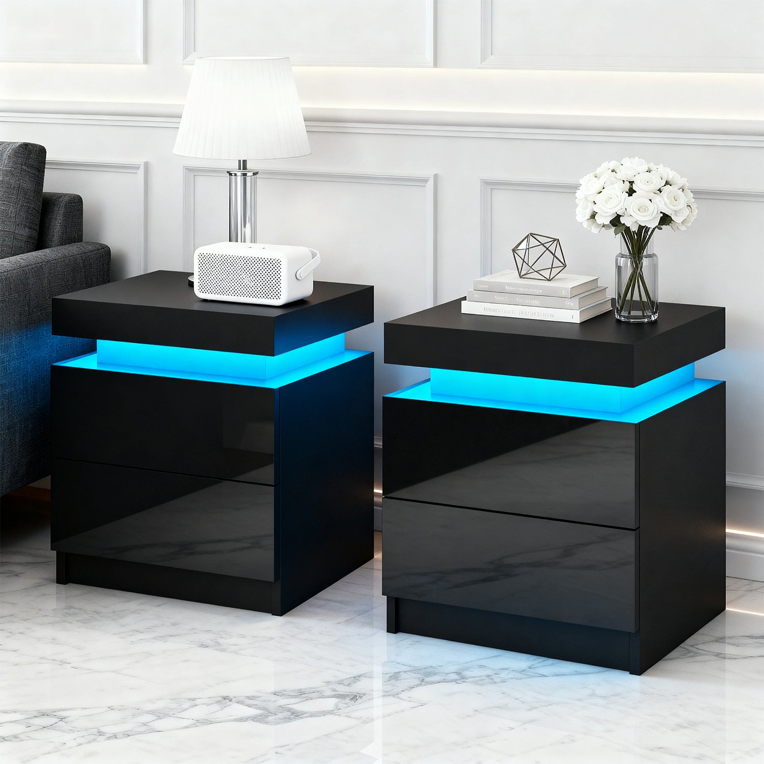 Artiss Coley LED Bedside Tables with Lift-Up Storage – Black, Set of 2